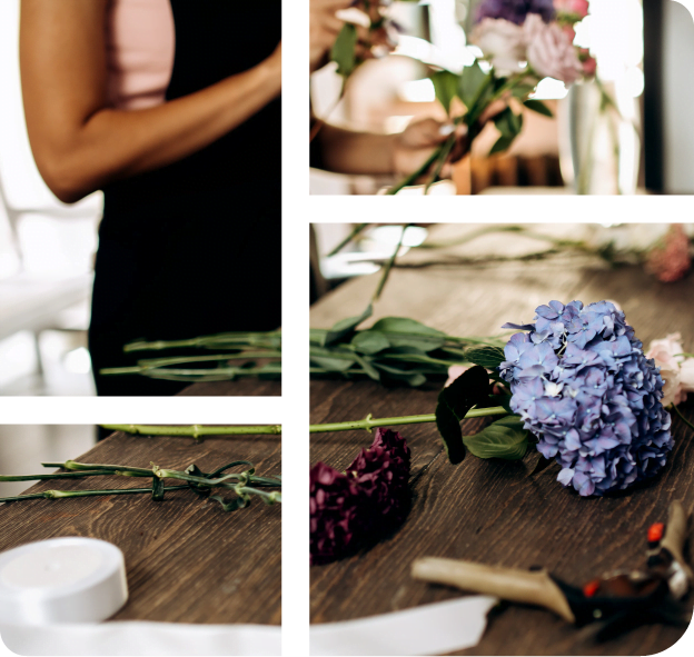 A florist puts together an arrangement with other flowers and tools in the foreground.