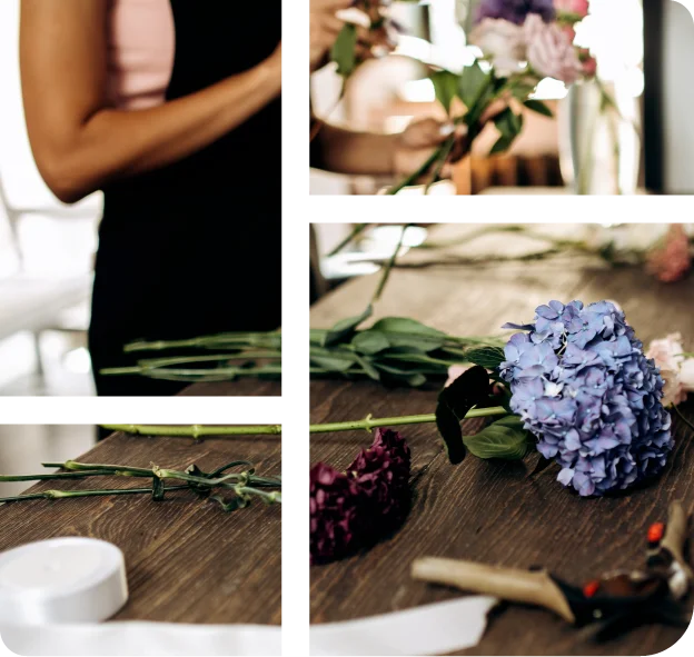 A florist puts together an arrangement with other flowers and tools in the foreground.