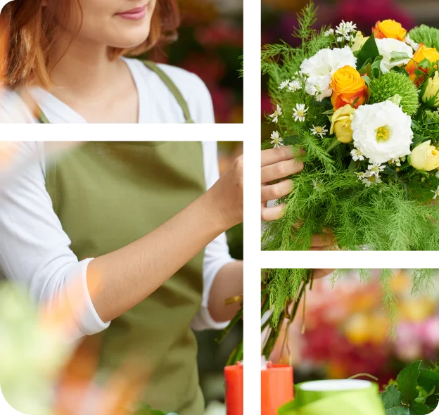 A female florist adjusts a bouquet with white and orange flowers and foliage.